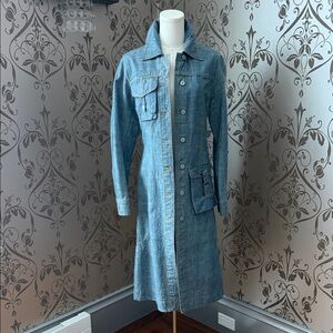 Denim Embroidered Trench Coat / Long Denim Jacket